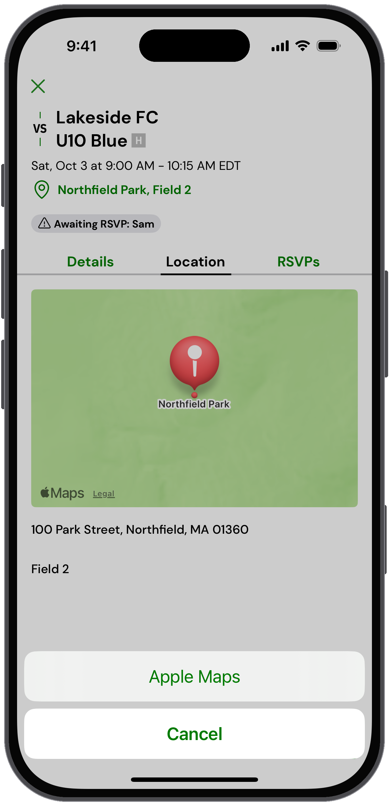 Location tab with a menu to open directions in Apple Maps or Google Maps