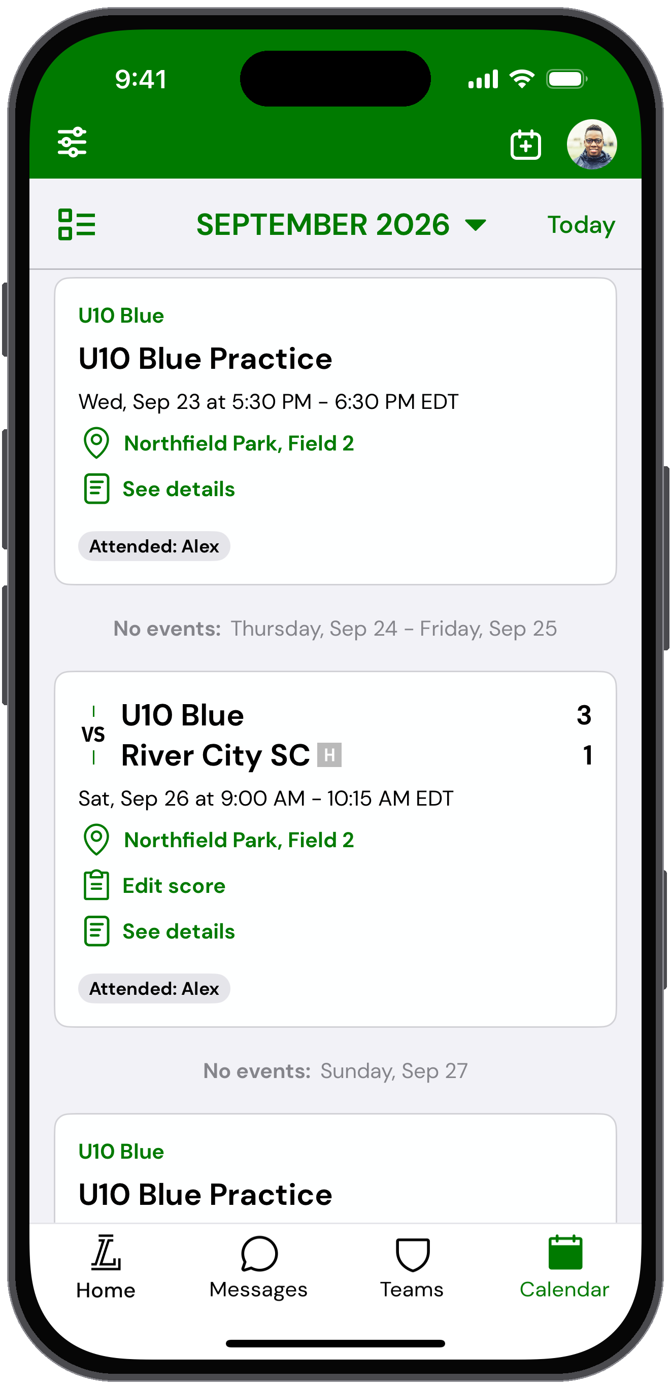 Calendar tab with a finished U10 Blue game showing the final score