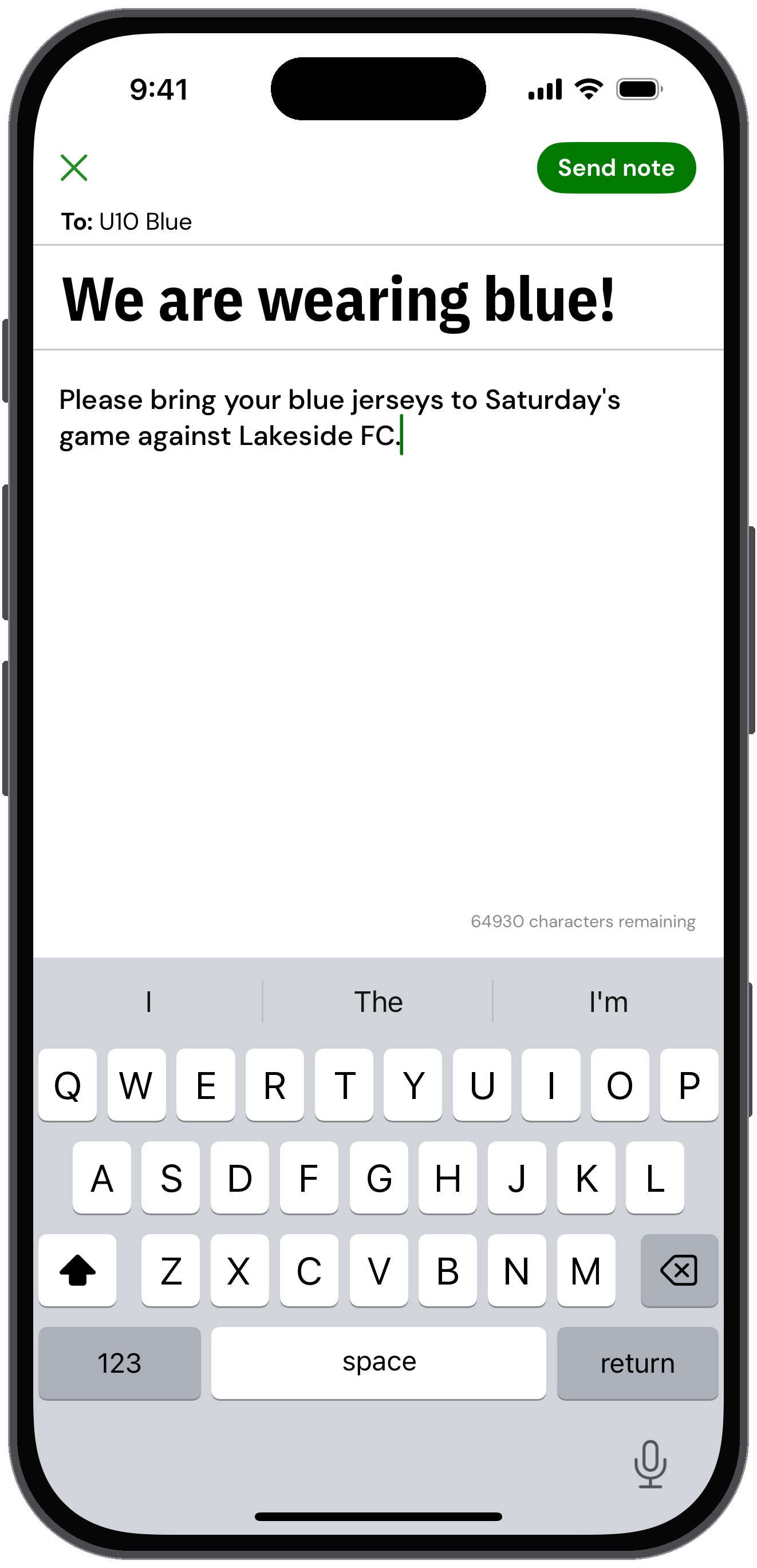 New coach note with a title and message typed and a Send note button