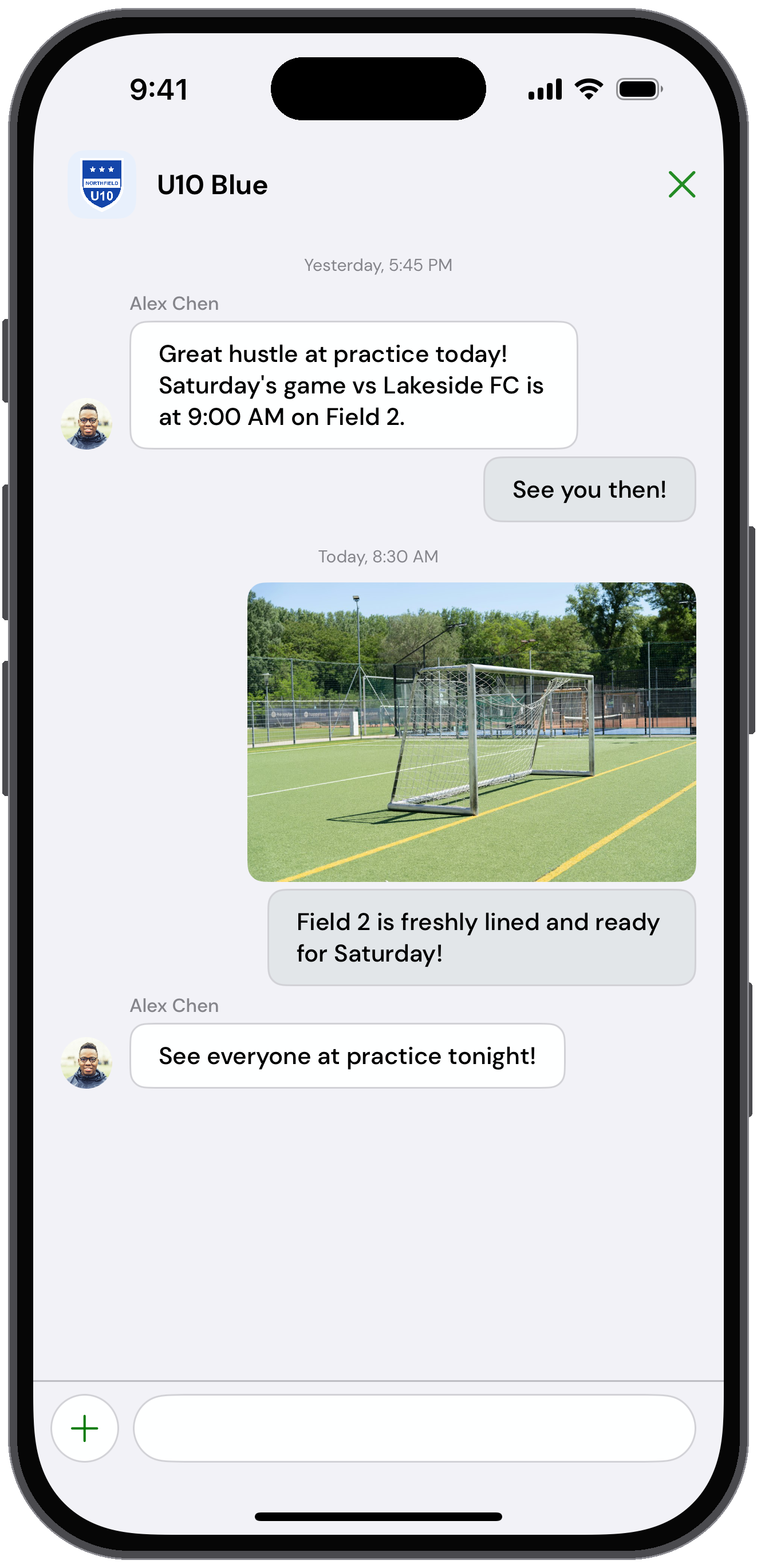 U10 Blue team chat thread with the button to add a photo
