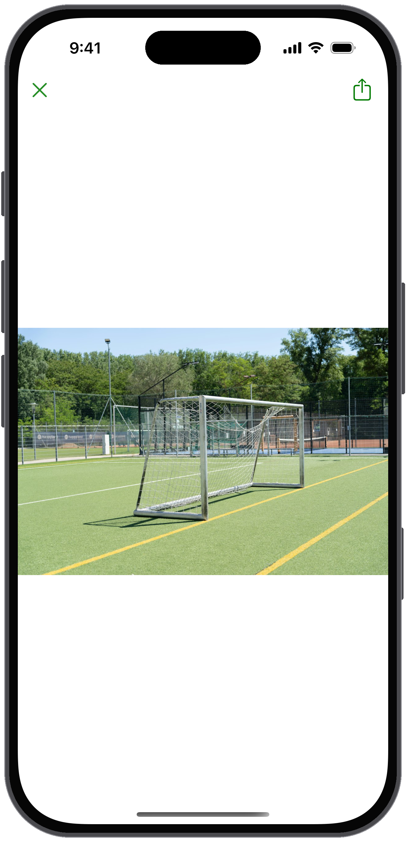 Chat photo of a soccer field opened full screen with a Share button