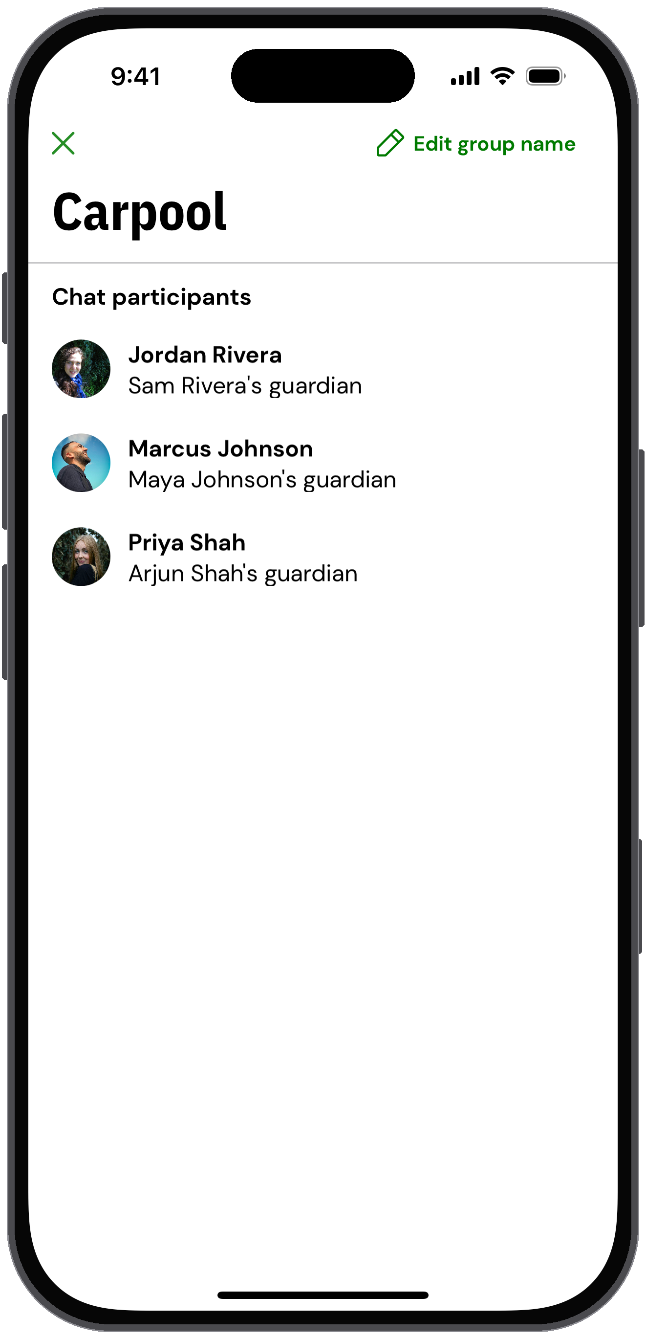 Chat info for the group chat after it was renamed Carpool