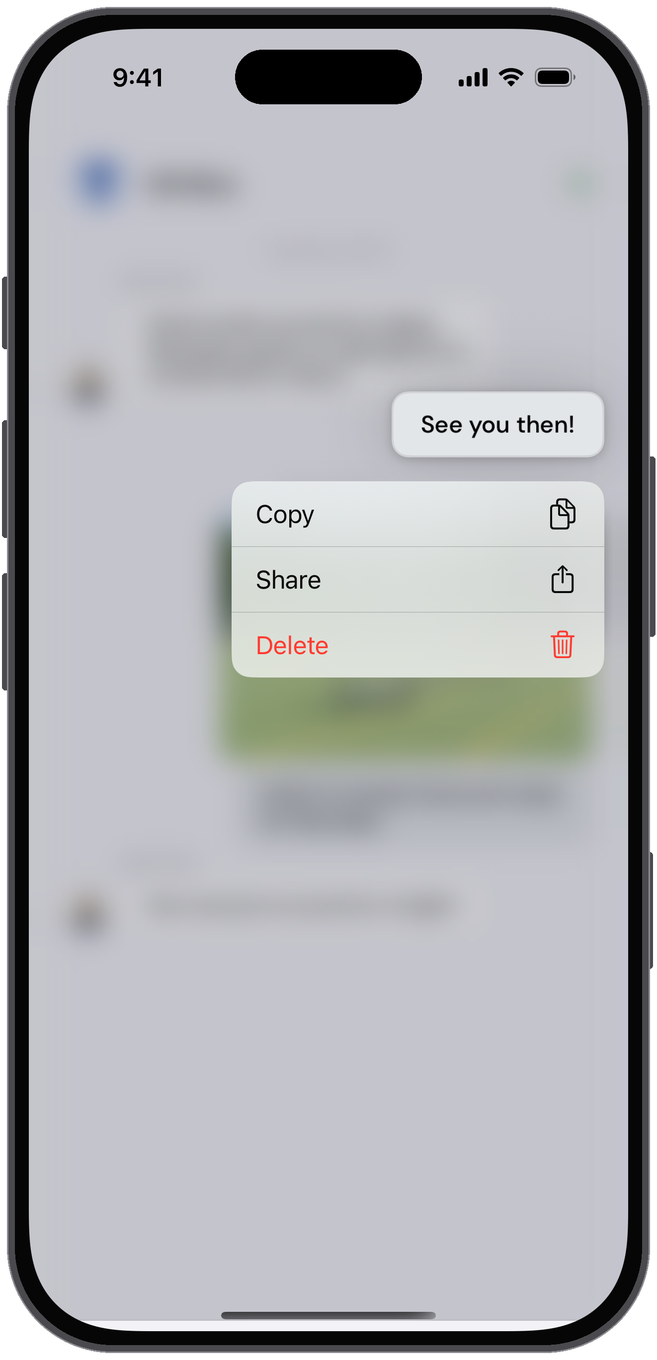 Chat message pressed and held, showing Delete