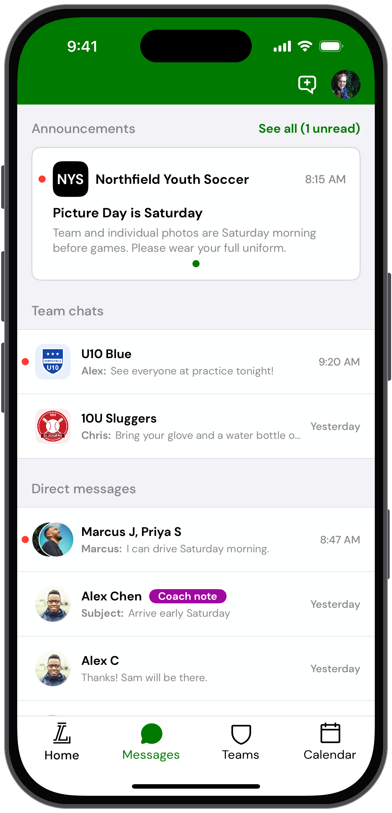 Messages tab with an announcement, team chats and direct messages