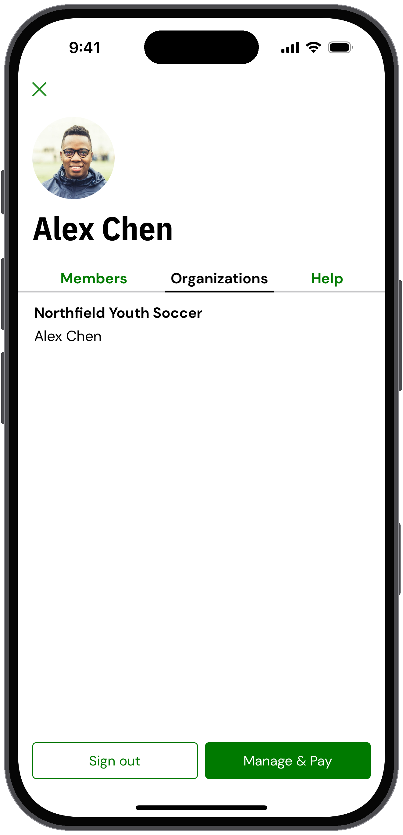 My account Organizations tab for a coach