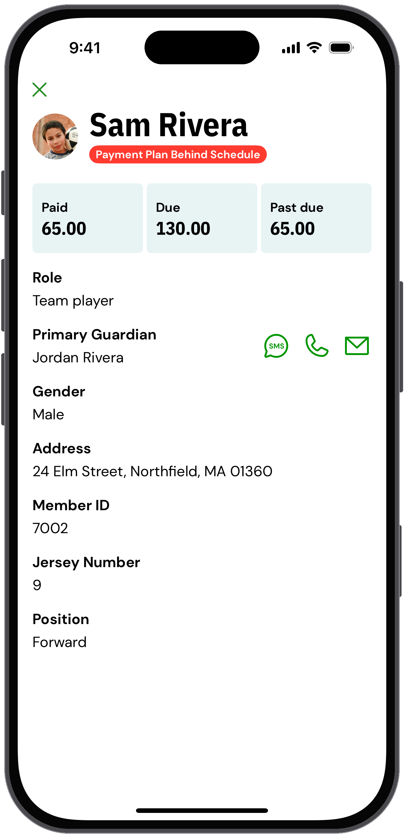 Admin view of a member profile with paid, due and past due amounts