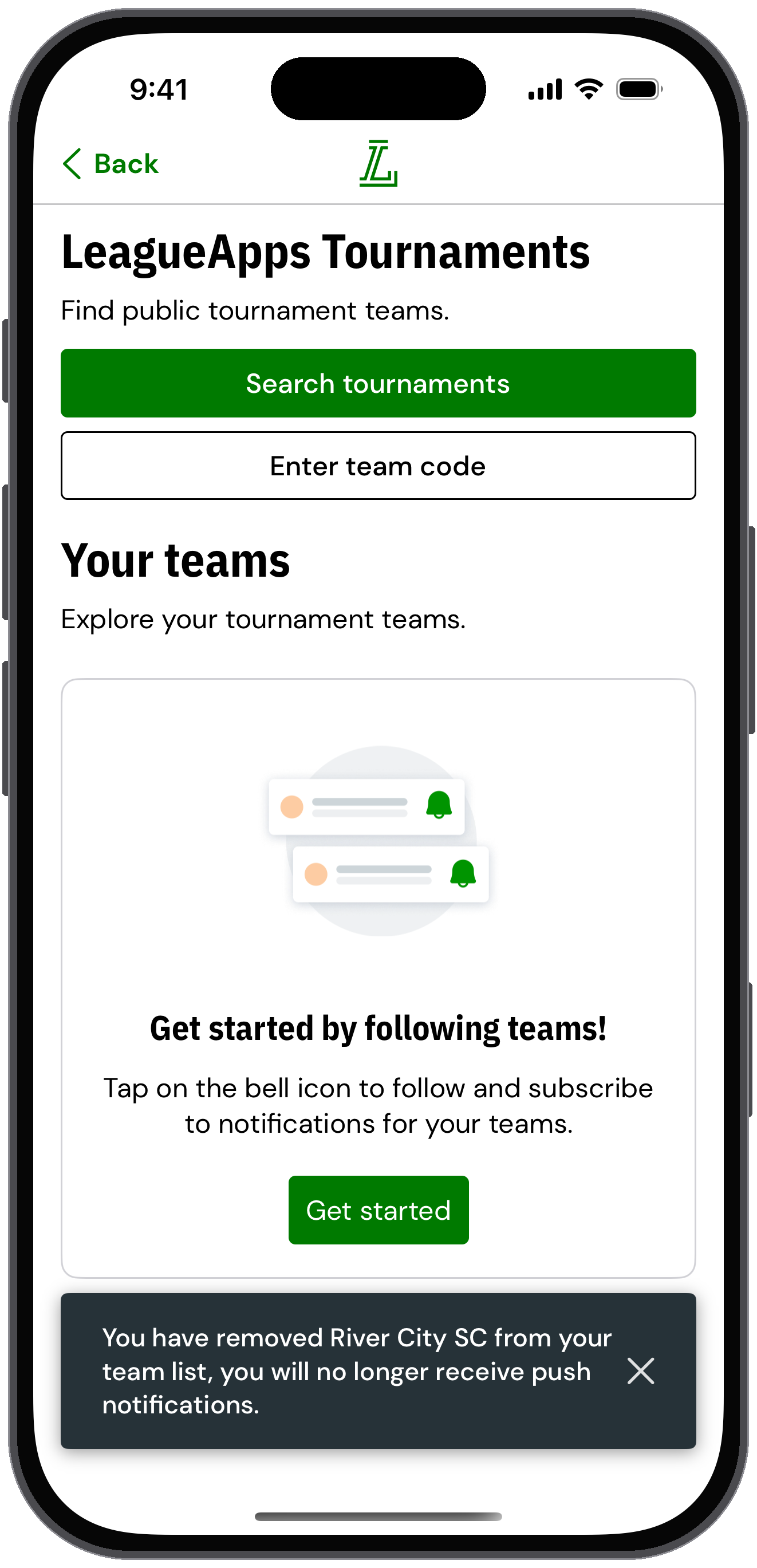 LeagueApps Tournaments screen with a message confirming a team was removed