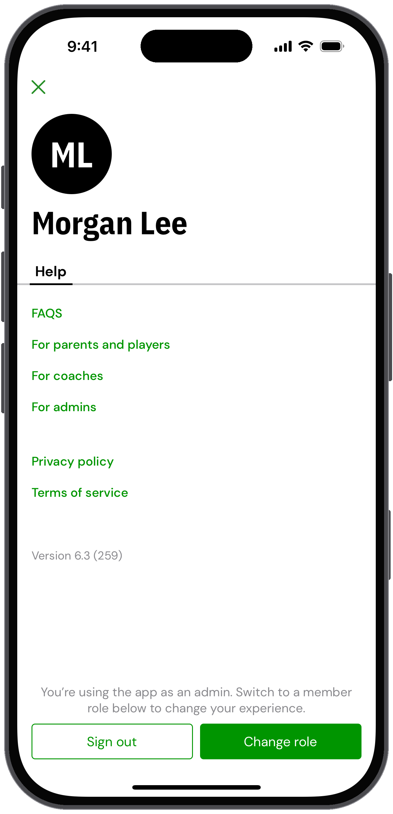 My account in Admin mode with a Change role button