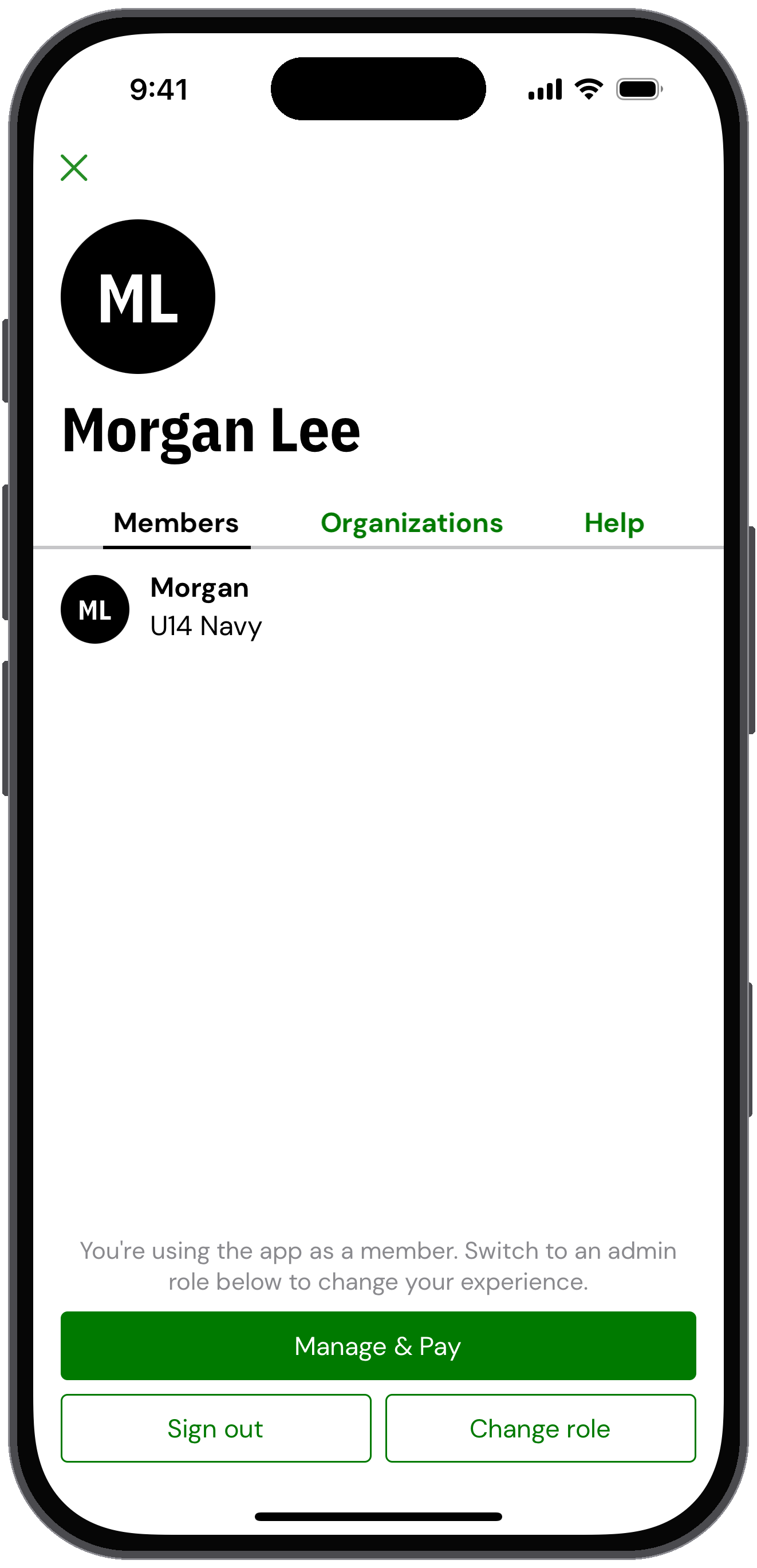 My account in the member view with a Change role button