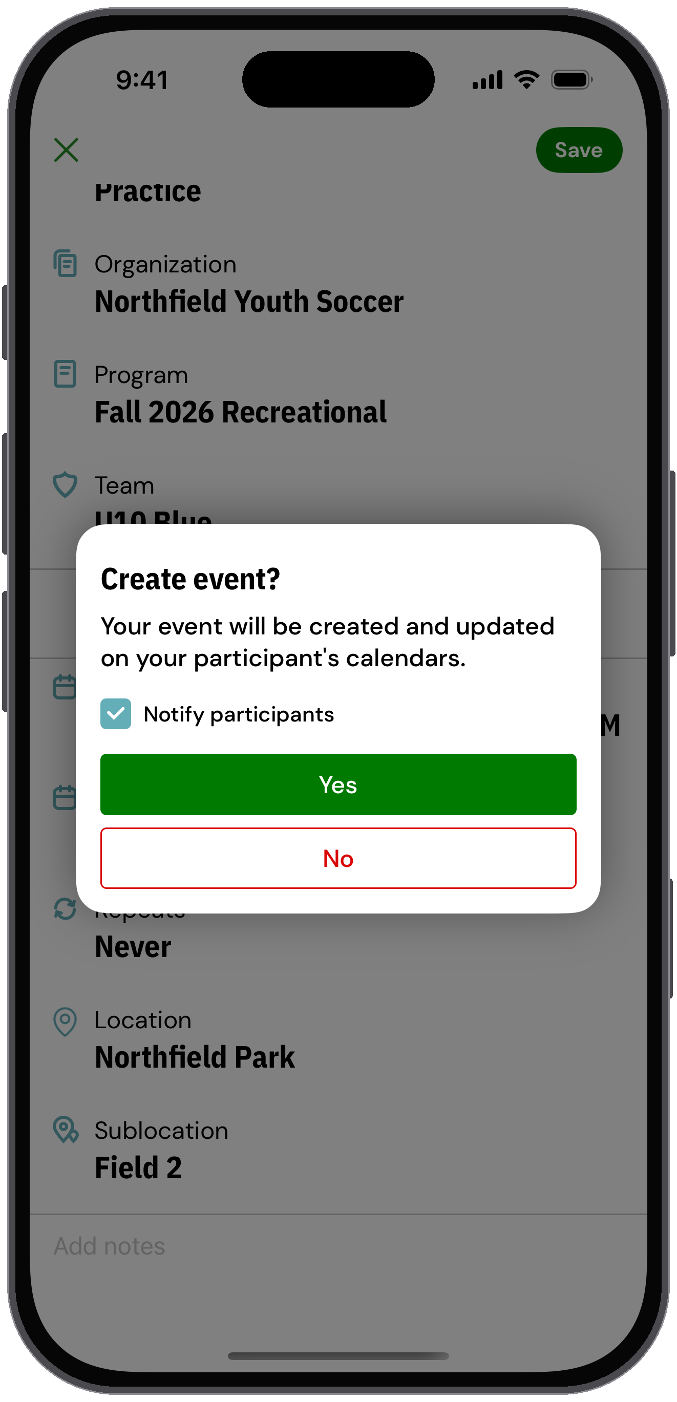Create event prompt with a Notify participants checkbox