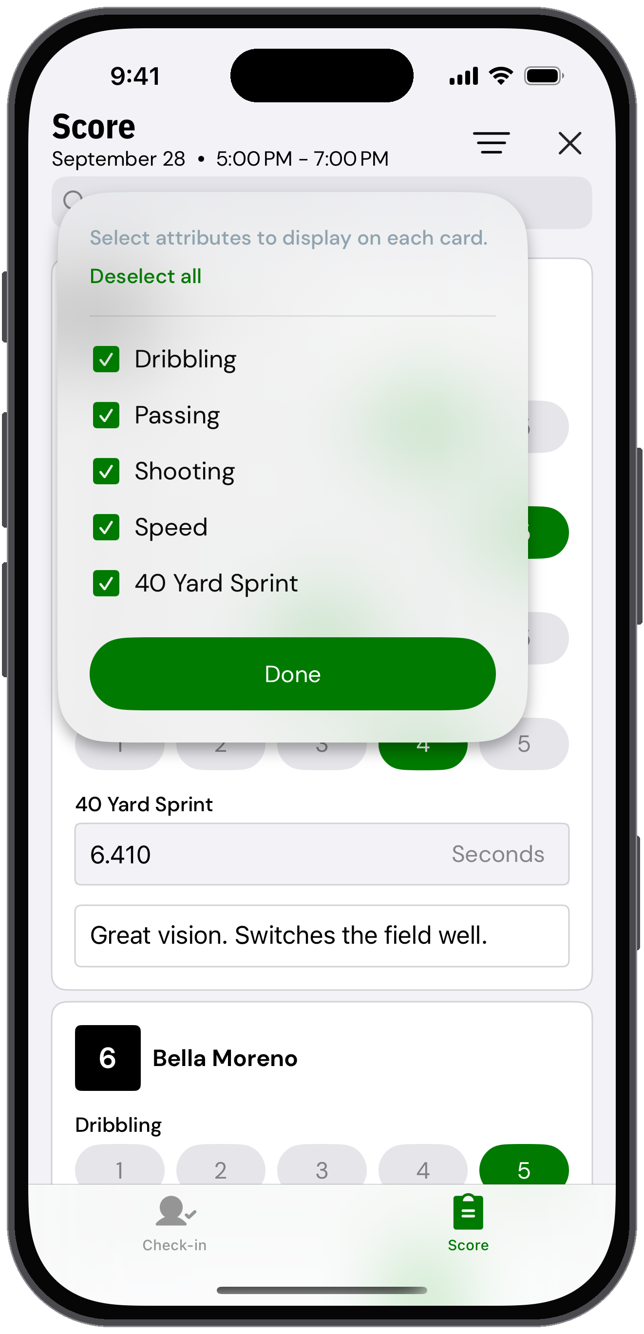 Menu to choose which attributes show on each scorecard