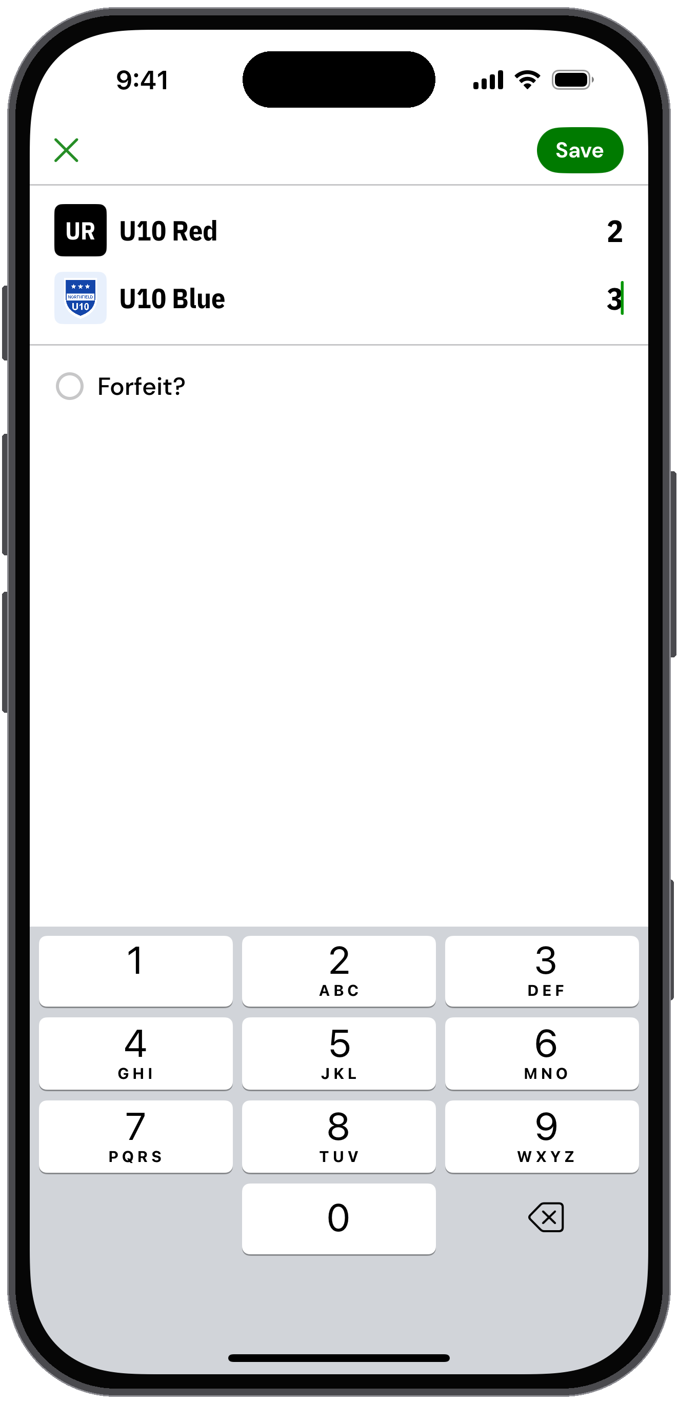 Add score screen in Admin mode with both teams' scores entered