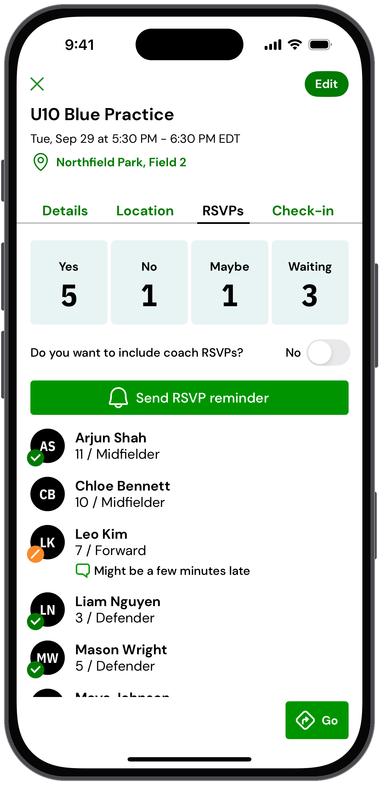 RSVPs tab in Admin mode with the Send RSVP reminder button