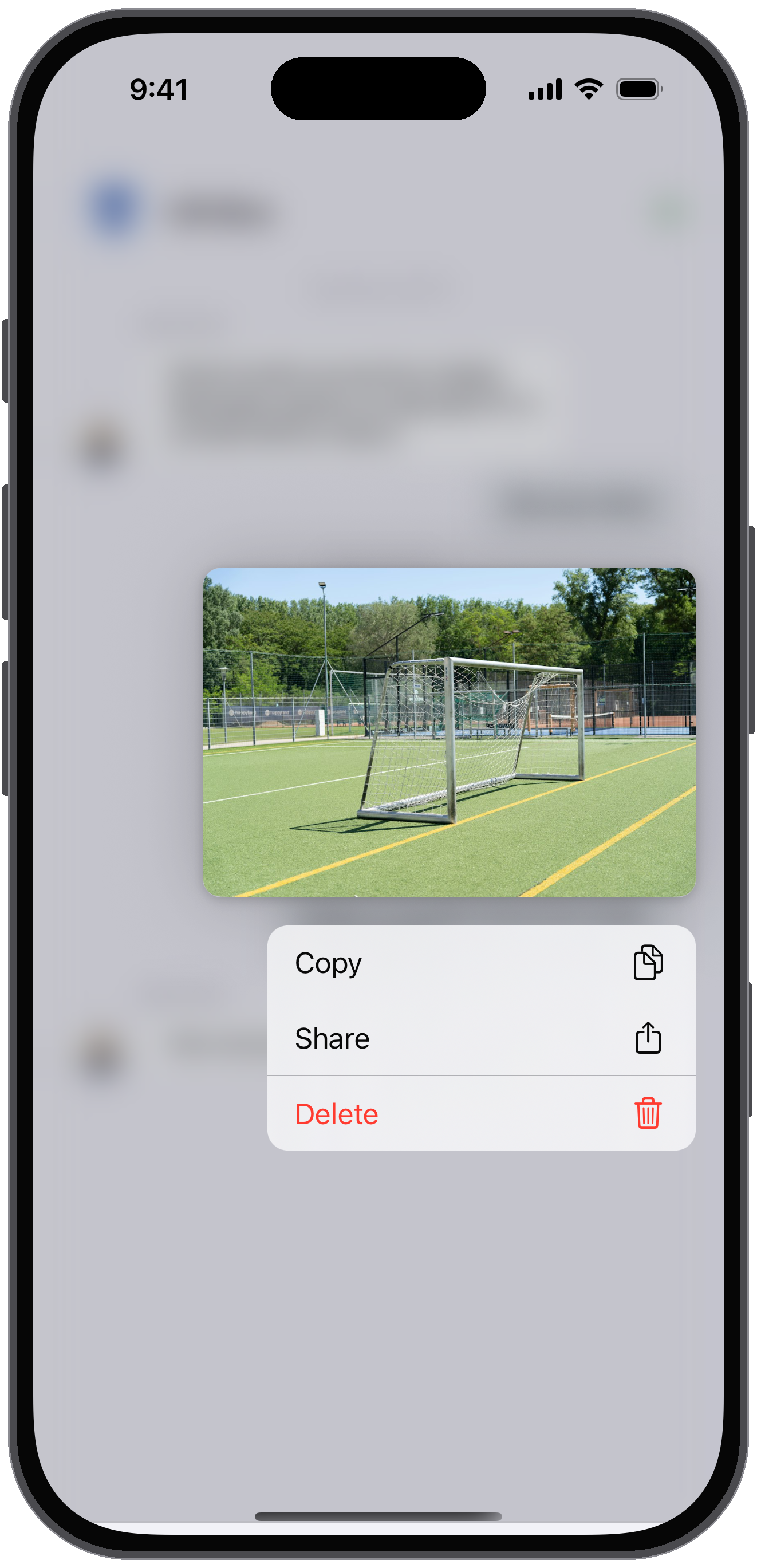 Chat photo pressed and held, showing Copy, Share and Delete