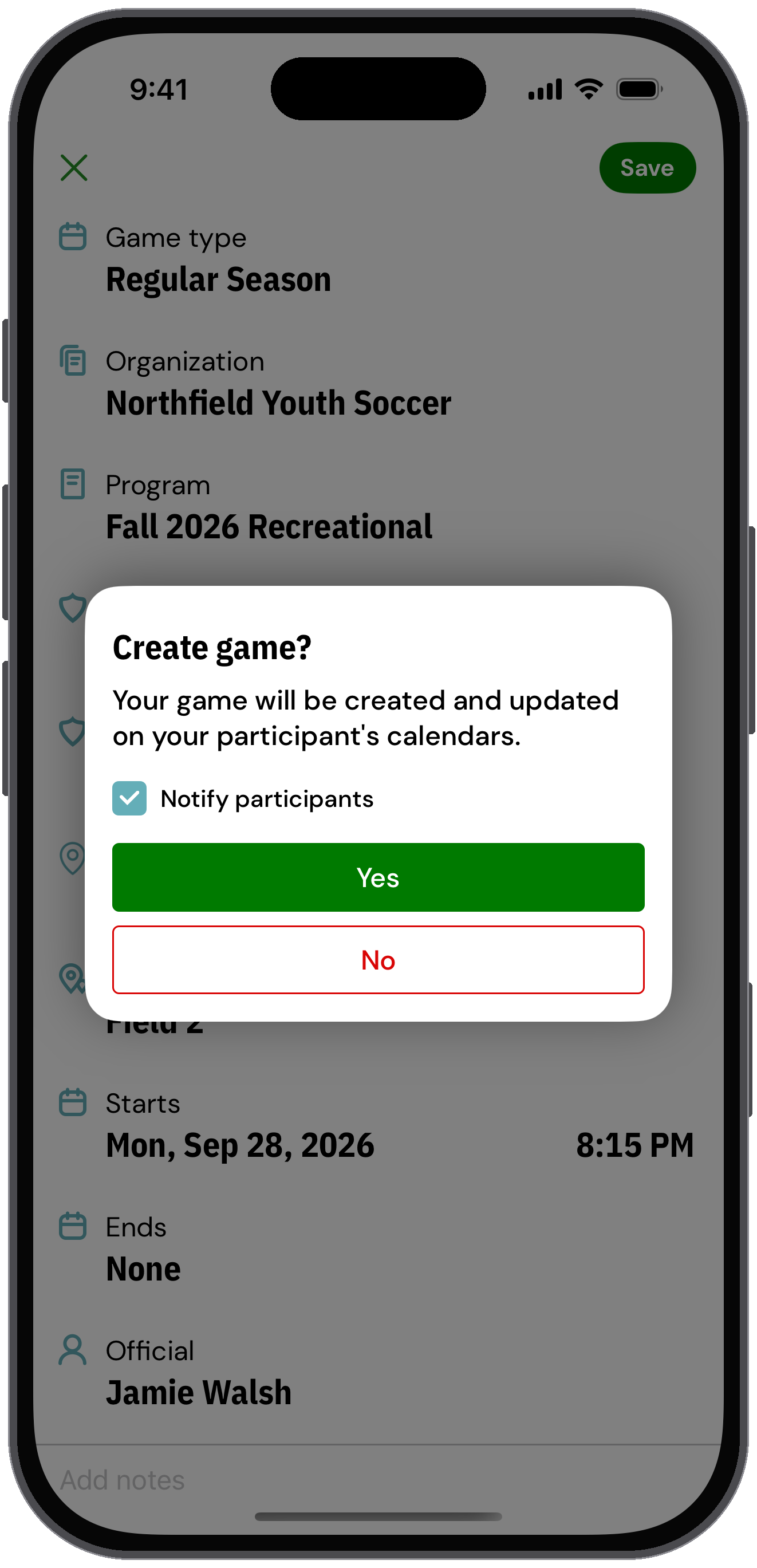 Create game prompt with a Notify participants checkbox
