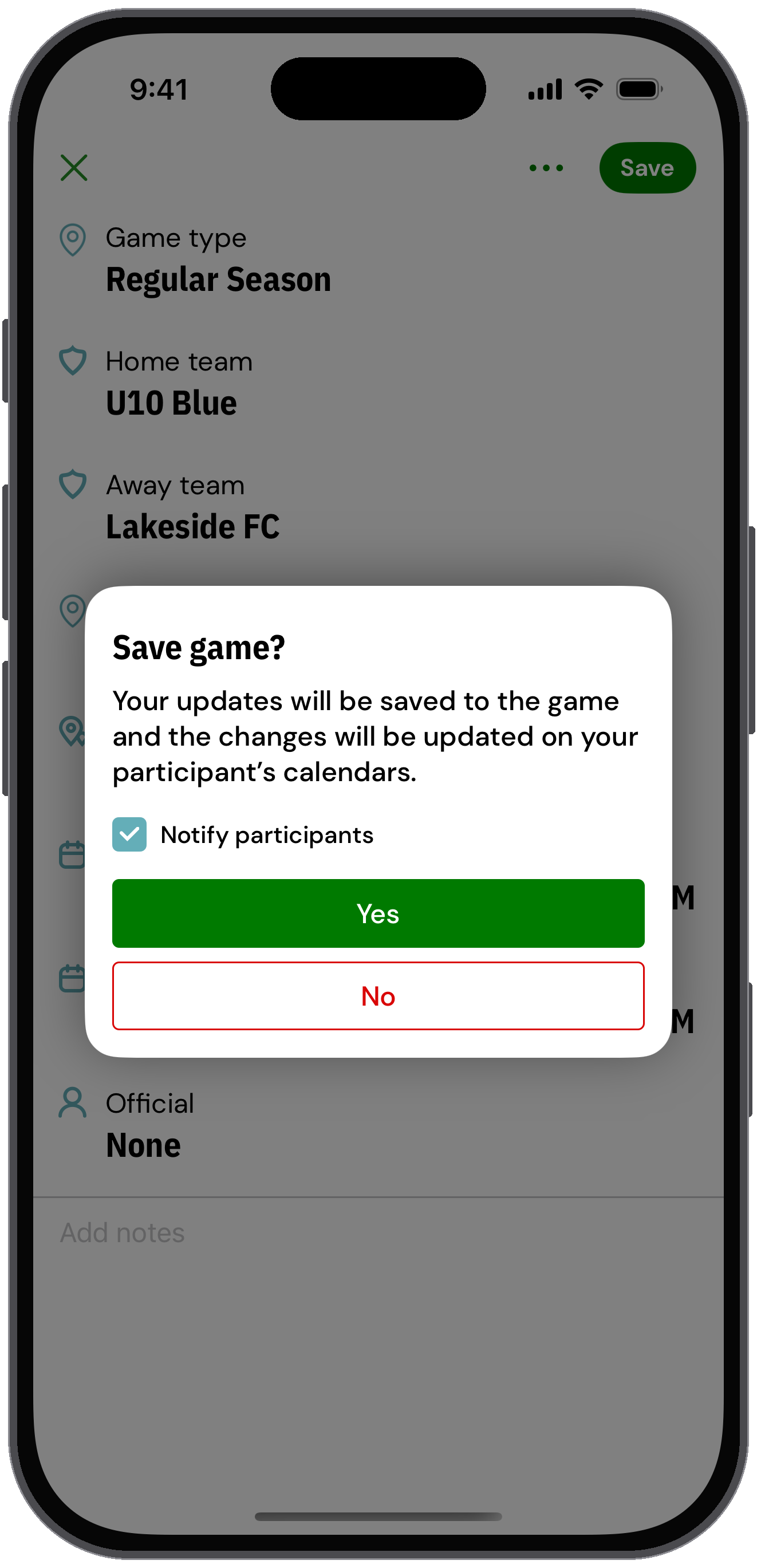 Save game prompt with a Notify participants checkbox