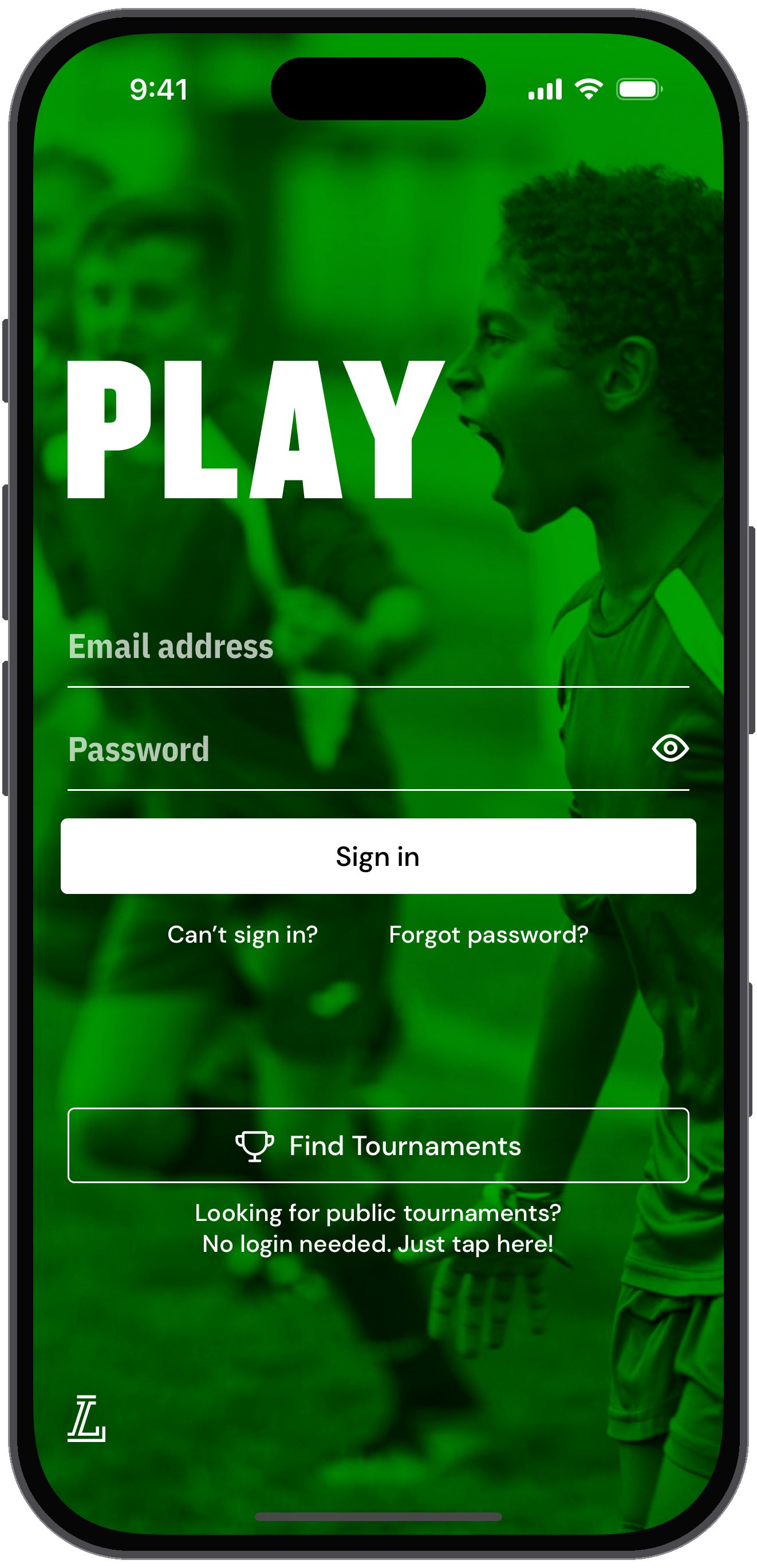 LeagueApps Play sign-in screen with email, password, Sign in and Find Tournaments