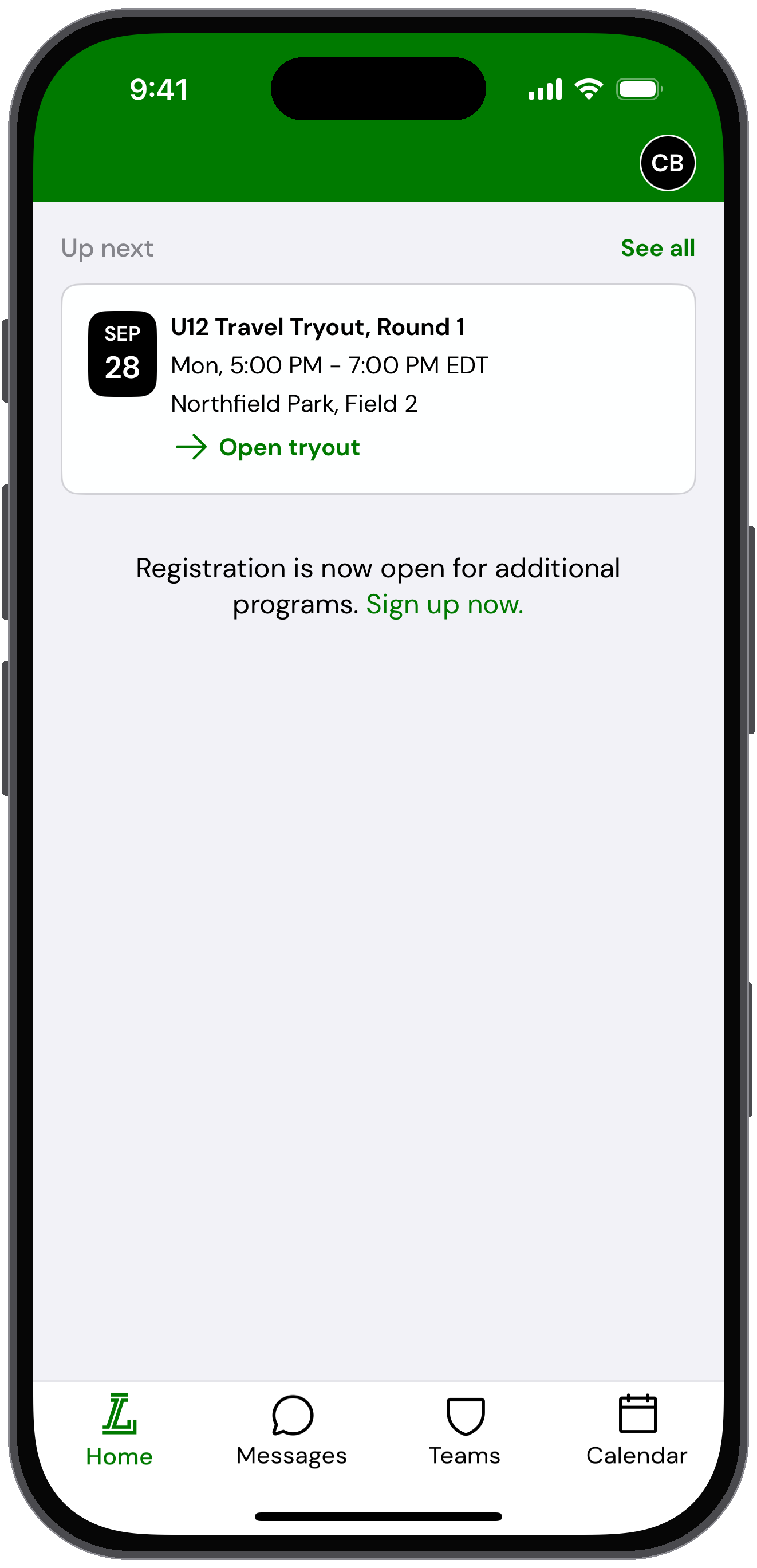 Home tab with the U12 Travel Tryout and an Open tryout button