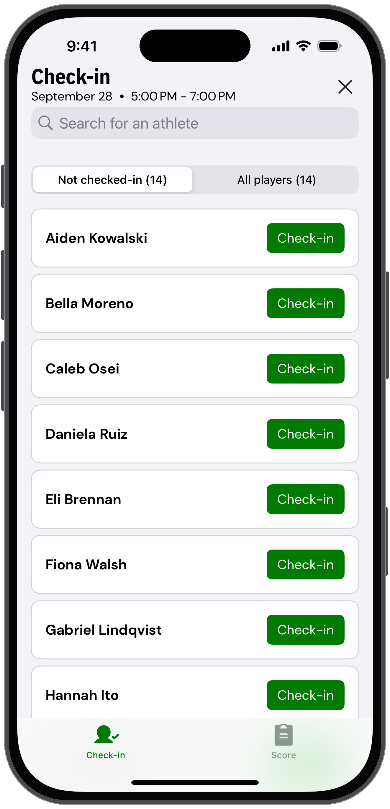 Check-in athletes list for the tryout round