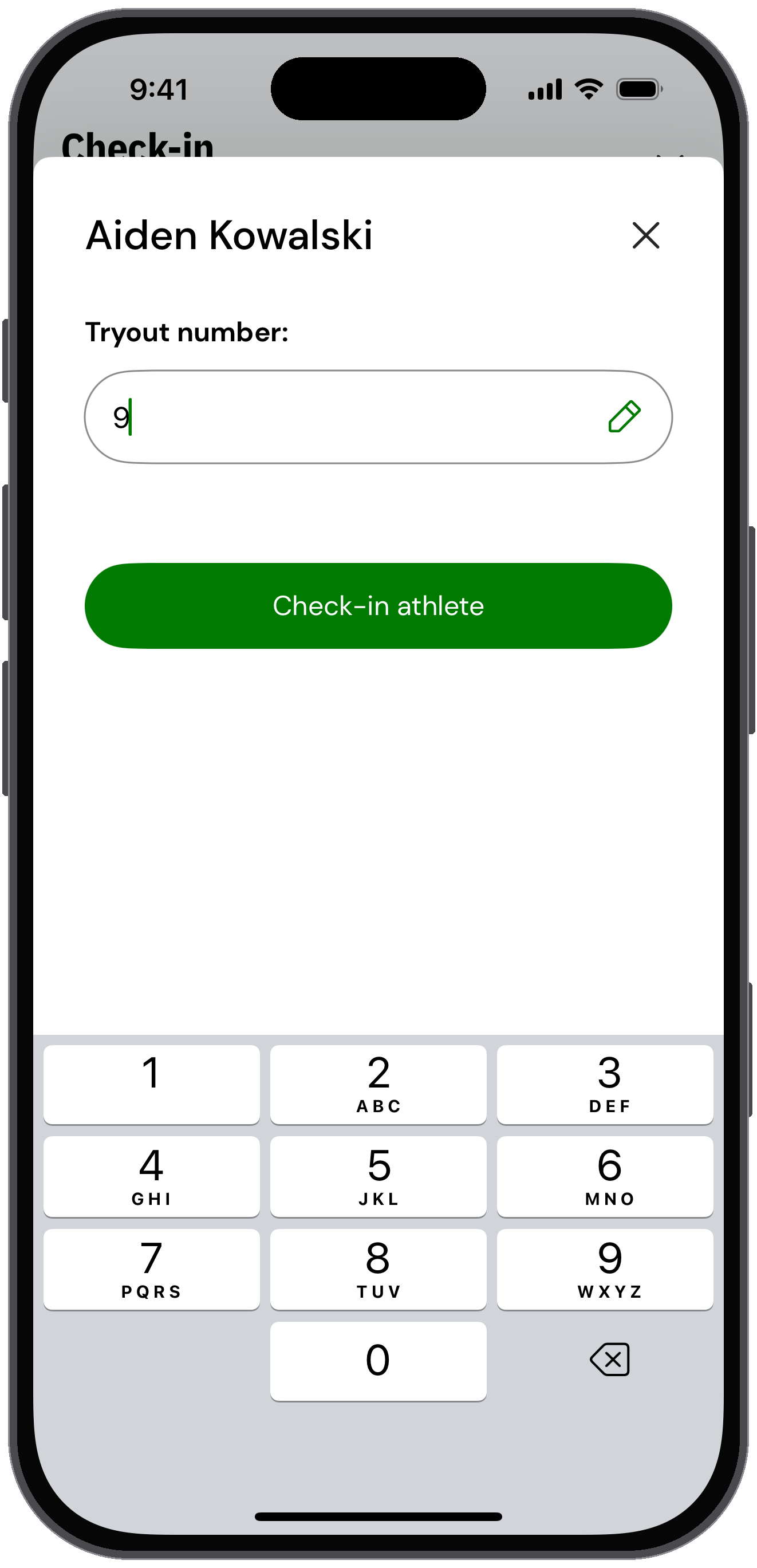 Entering a tryout number for an athlete with the number pad