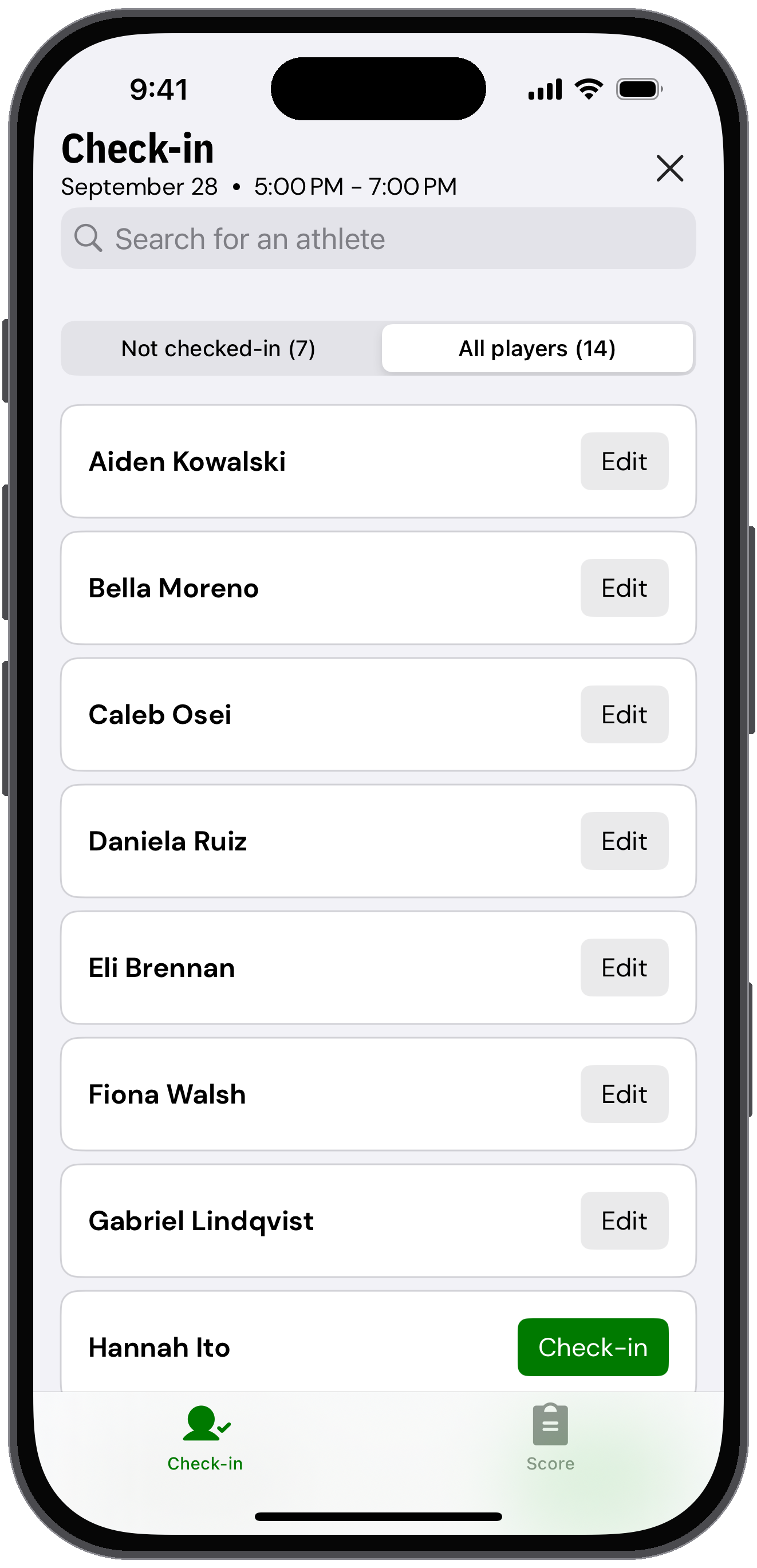 Check-in list after several athletes were checked in
