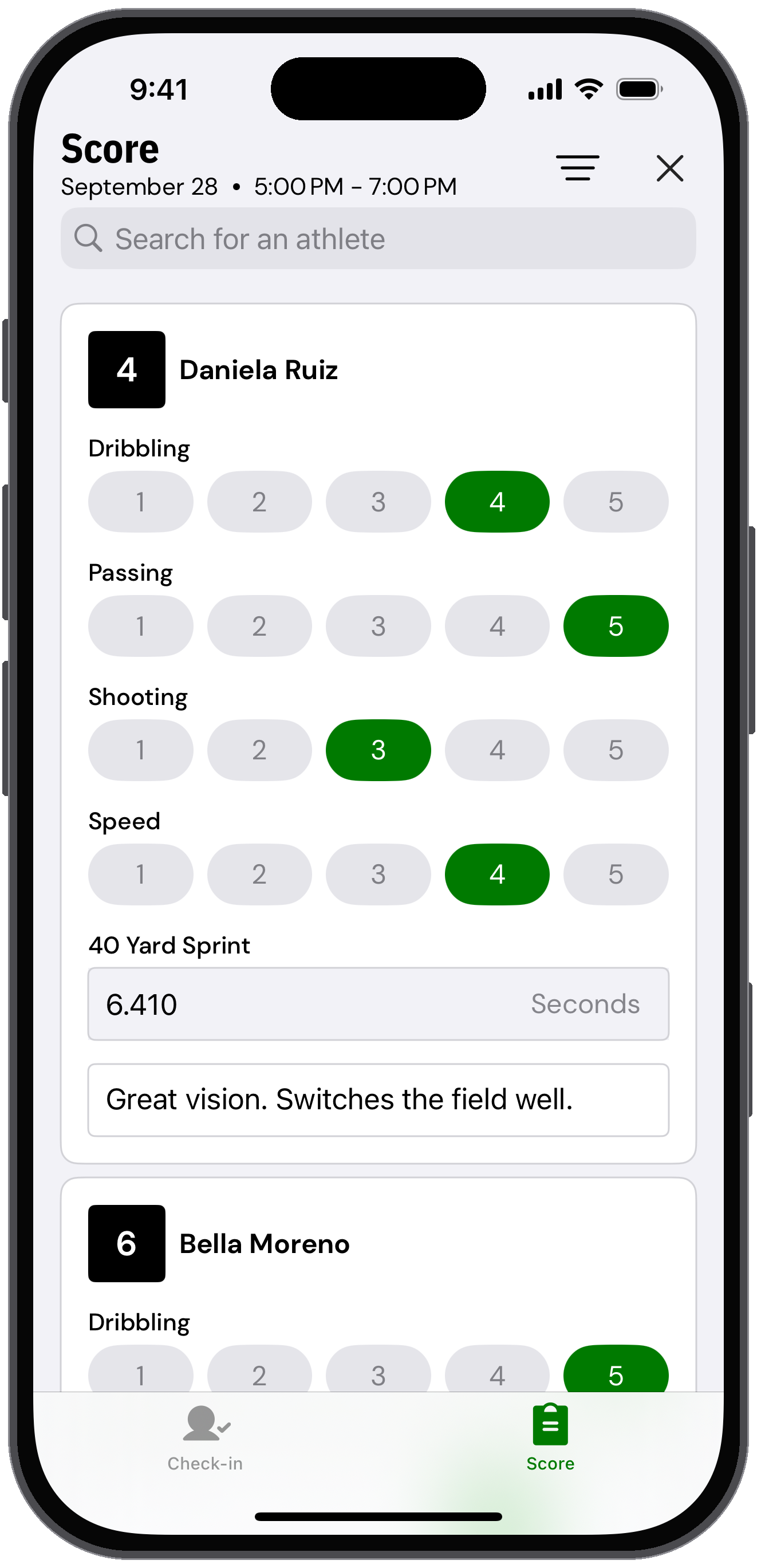 Tryout scorecard for checked-in athletes