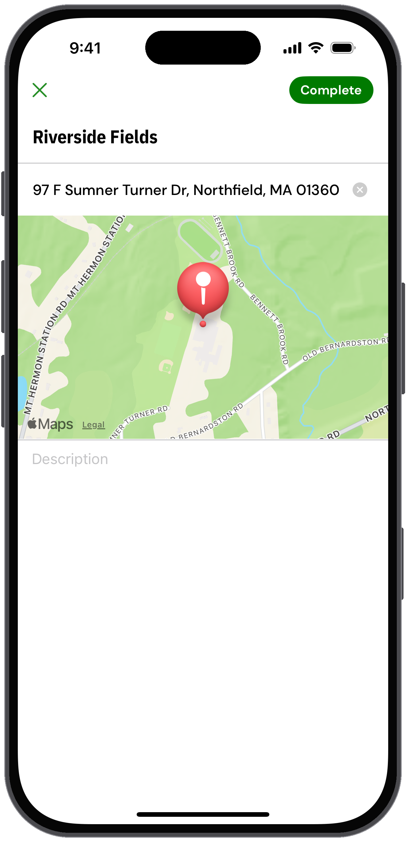 Add location form with a map preview and the location details filled in