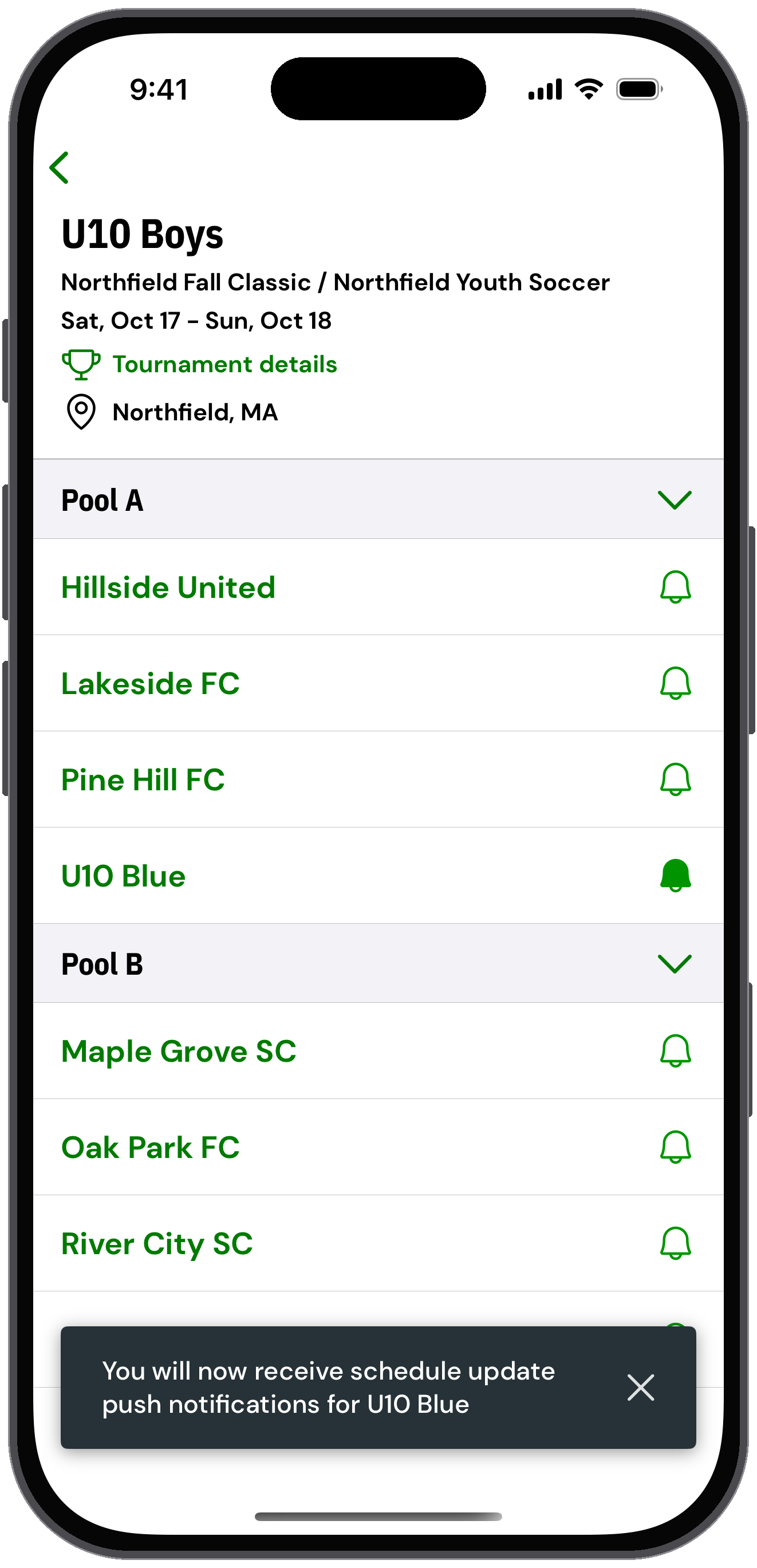Tournament teams with a message confirming you'll get schedule updates for U10 Blue