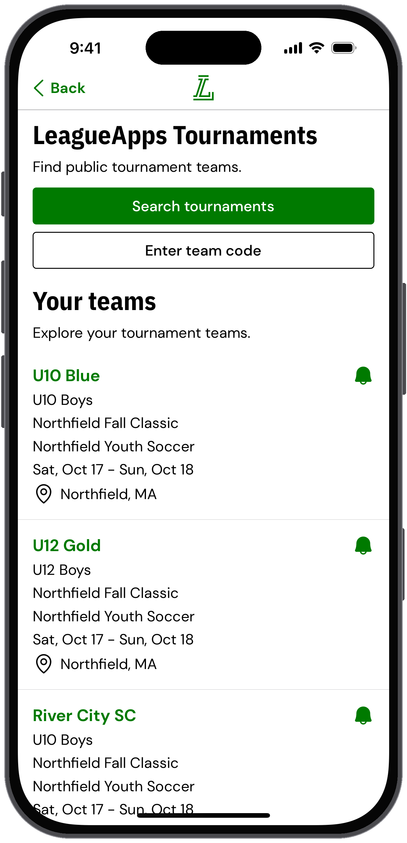 LeagueApps Tournaments screen listing the teams you follow