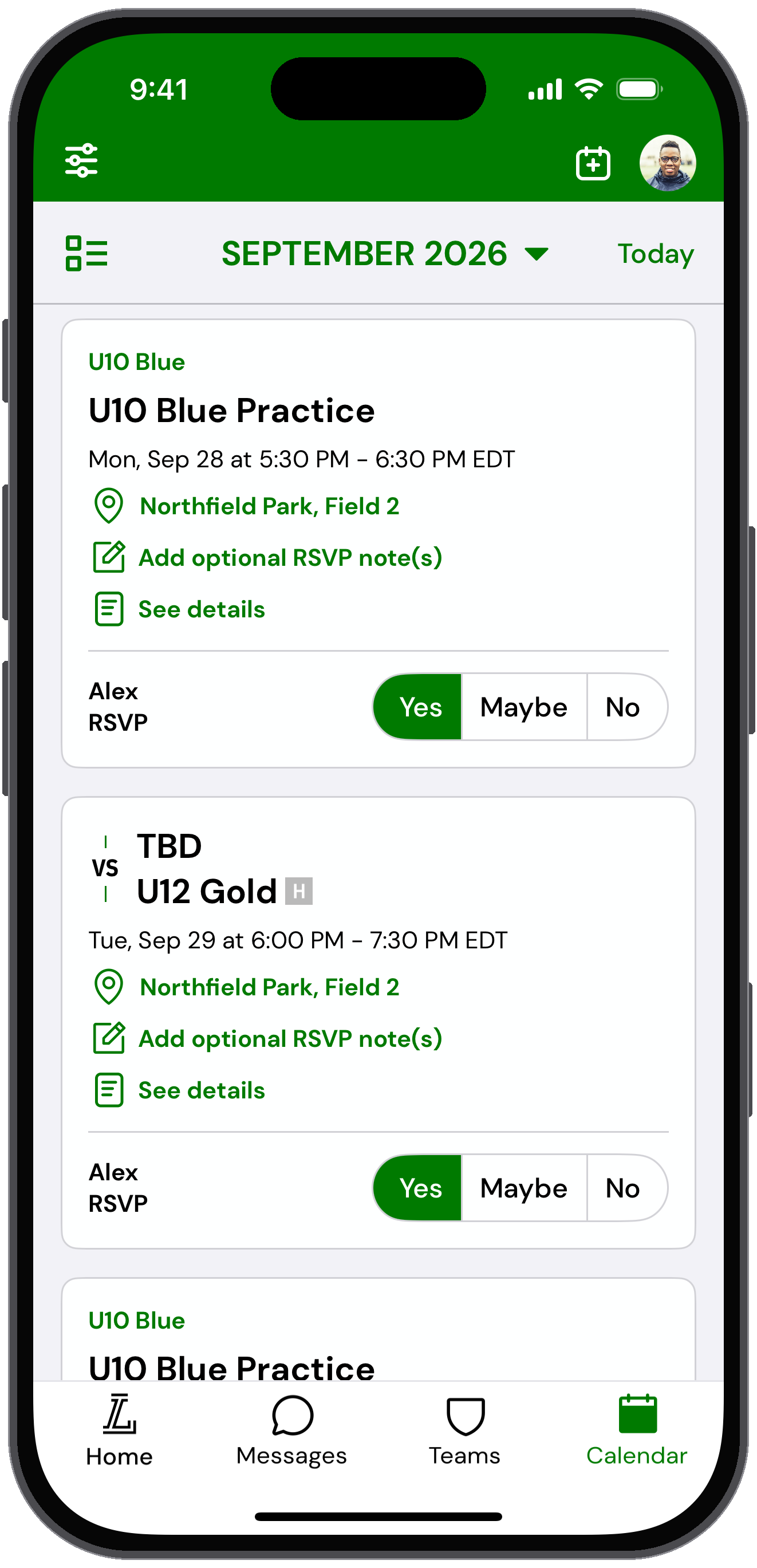 Calendar tab with U12 Gold club team activities