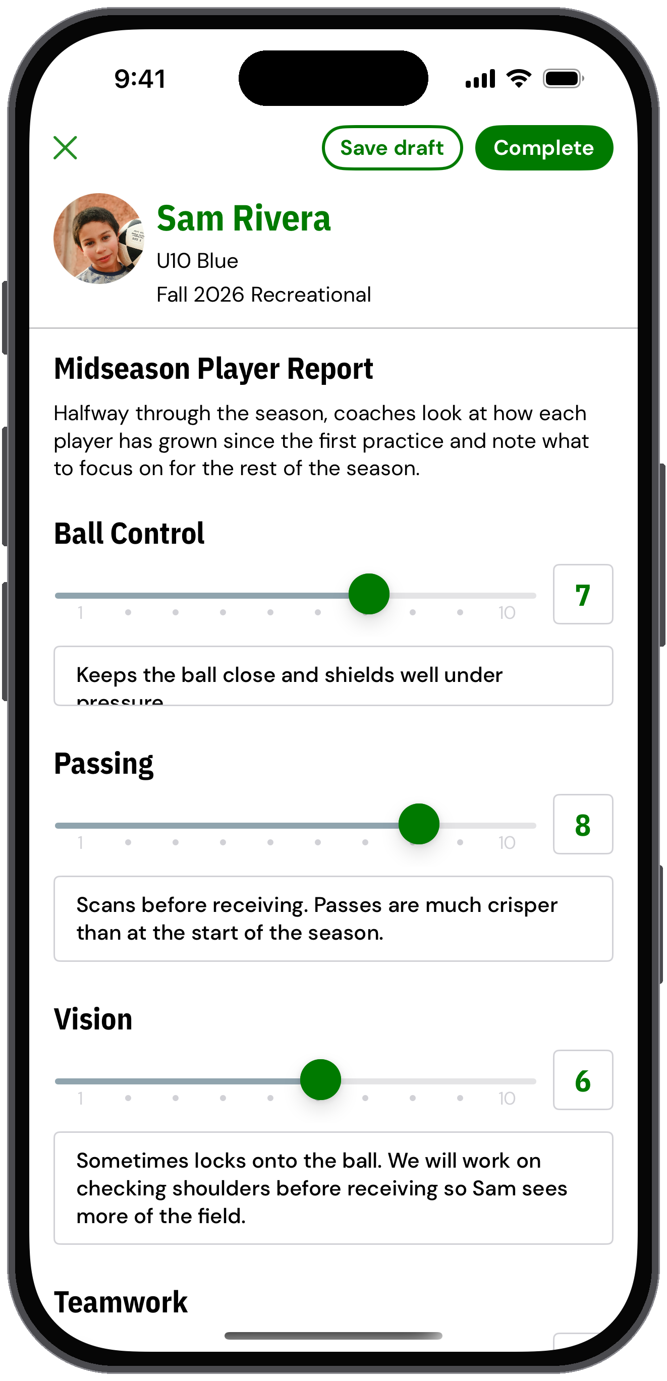 Player report being filled in with ratings, notes, Save draft and Complete