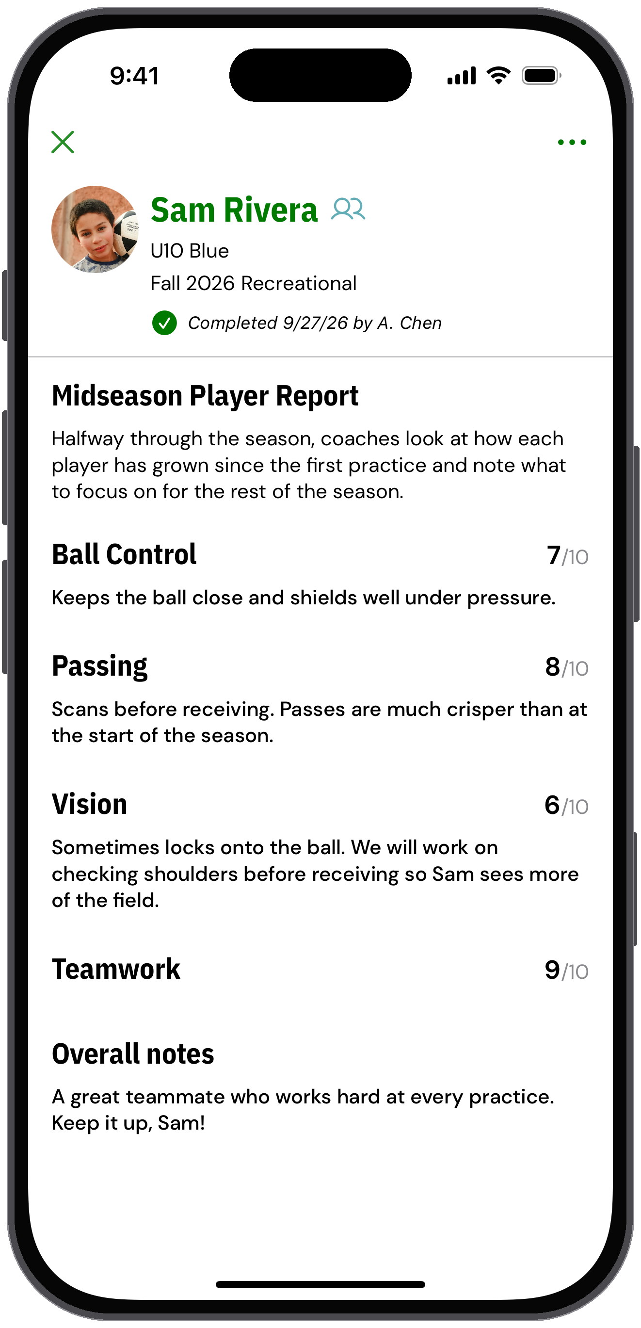 Completed player report with the options menu