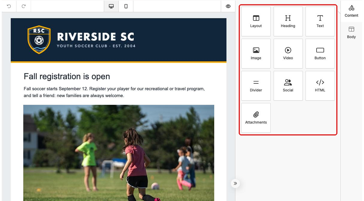 Compose a Message with the email on the left and the tools on the right