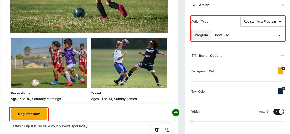 Button settings with Action Type set to Register for a Program and Boys Rec chosen