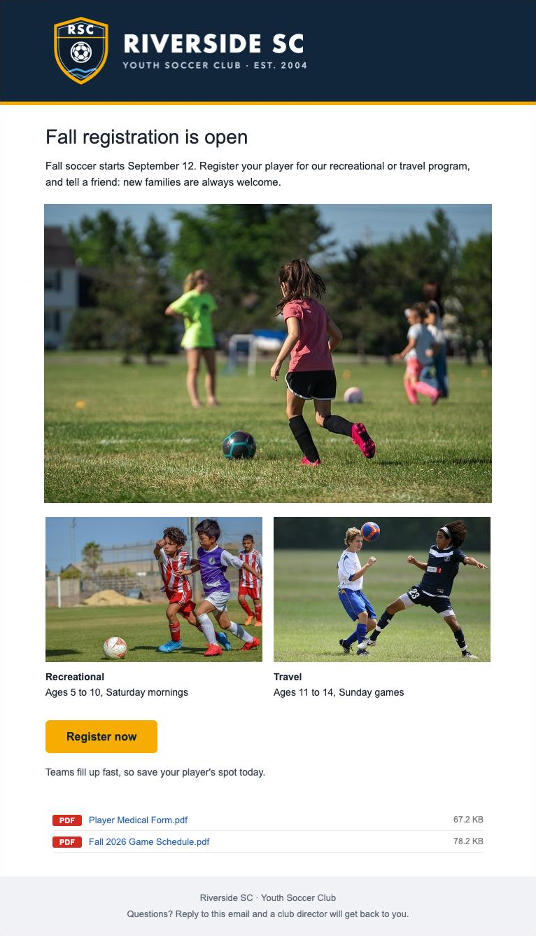 A sample email in the new editor with a club logo, team photos, a Register now button and two attached files