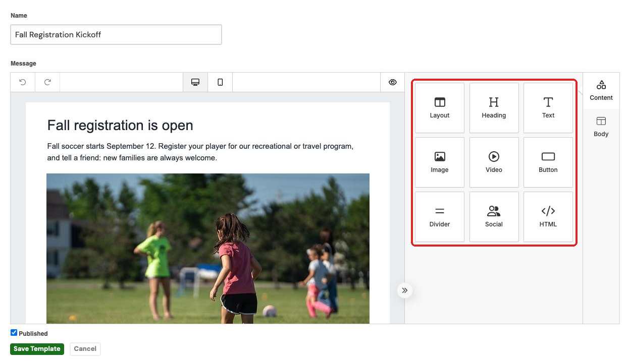 The template form with Name, the email editor, Published and Save Template