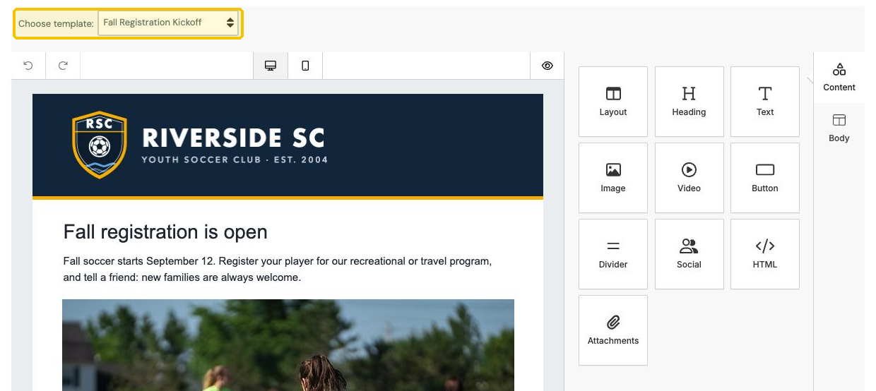 A template chosen in the Choose template menu and loaded in the editor