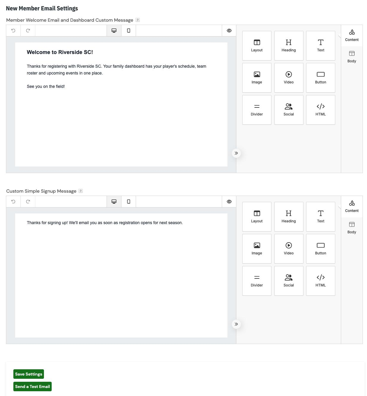 New Member Email Settings with both message editors, Save Settings and Send a Test Email