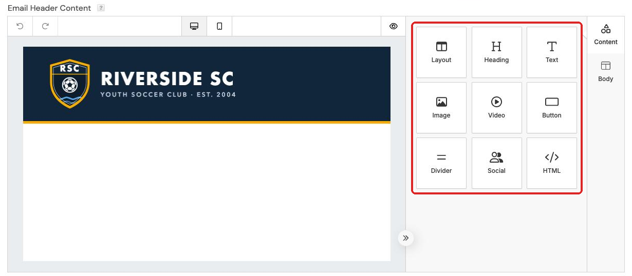The Email Header Content editor with a club logo in the header