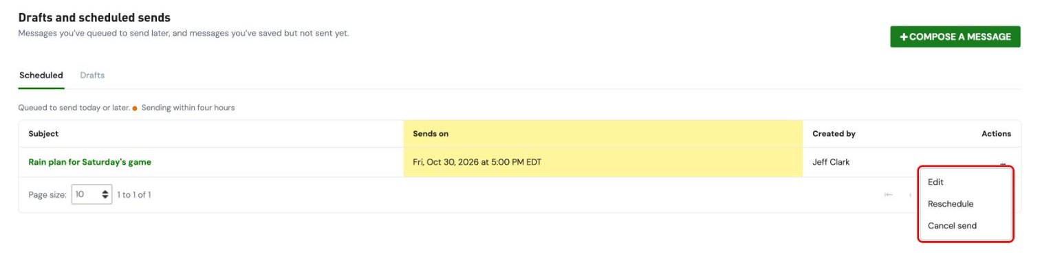 Scheduled list on the Drafts and Scheduled sends tab with the Actions menu open showing Edit, Reschedule, and Cancel send