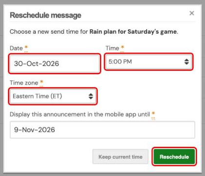 Reschedule message window with Date, Time, and Time zone fields and the Reschedule button