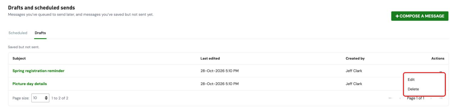 Drafts list with the Actions menu open showing Edit and Delete