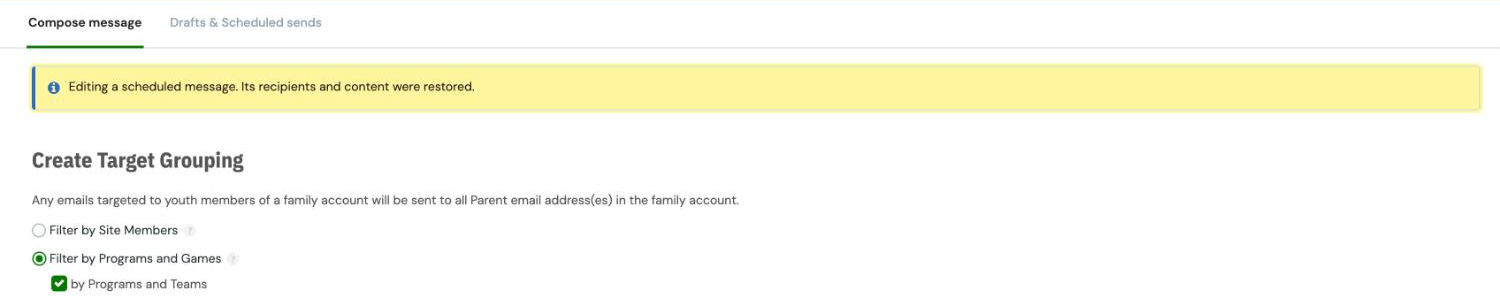 Editing a scheduled message banner at the top of the Compose message page